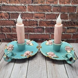 Beautiful Vtg Lefton Candle Holders Robin Egg Blue & Pink With Candles